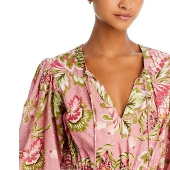 Farm Rio Aura Peasant Dress Women's Pink Floral Cotton Beaded Tassels Boho (S) - Picture 4 of 16